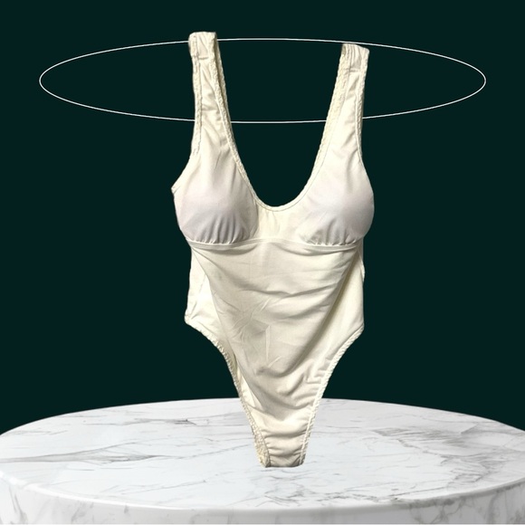 Swimwear Cream Waffle Weave One Piece SZ 1X Women High Leg Bathing Suit Padded - Picture 7 of 8